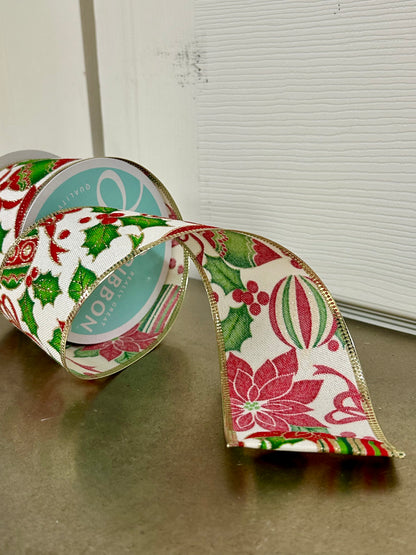 2.5 Inch By 10 Yard Poinsettia And Ornaments Ribbon
