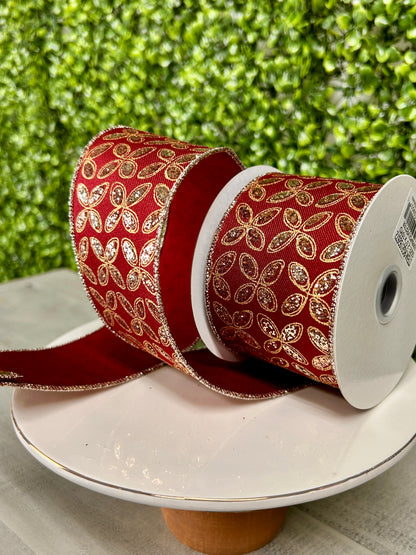 2.5 Inch By 10 Yards Burgundy And Gold Quatrefoil Petals Ribbon
