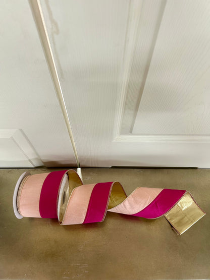 4 Inch By 10 Yard Pink And Light Pink With Gold Back Dupioni Ribbon