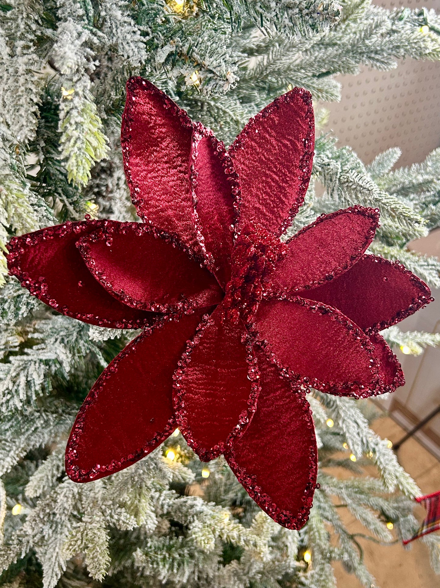 20 Inch Burgundy Satin And Glitter Poinsettia