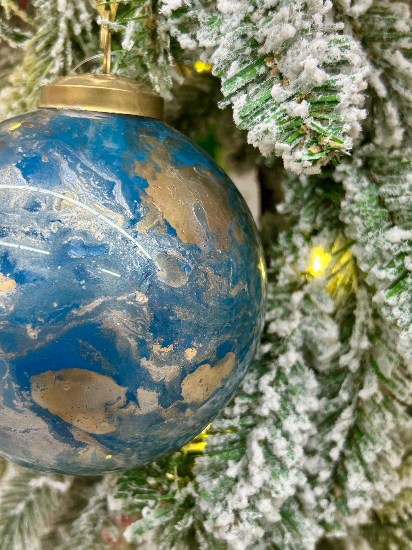 4 Inch Blue Gold And White Marble Glass Ball Ornament