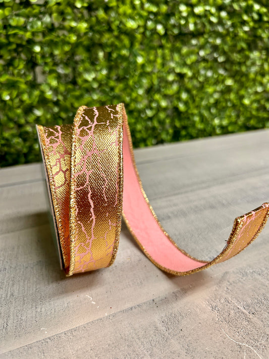 7/8 Inch By 10 Yard Rose Pink And Gold Cracked Foil Ribbon