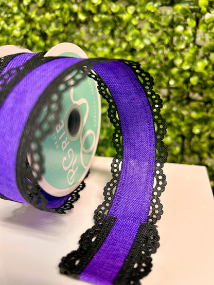1.5 Inch Black And Purple Lace Edge Royal Burlap Ribbon