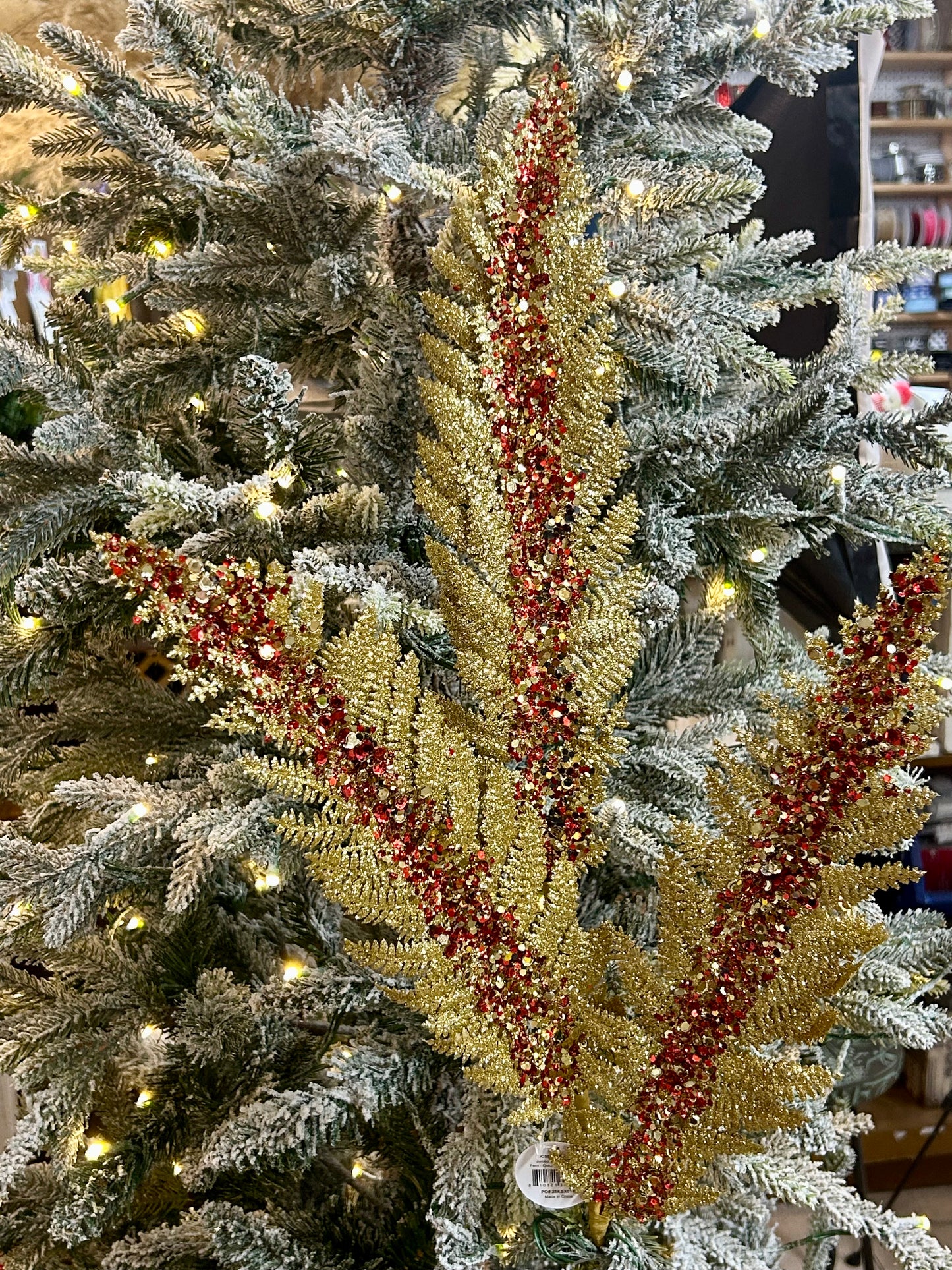 34 Inch Gold And Red Jumbo Glitter Sequin Fern Spray