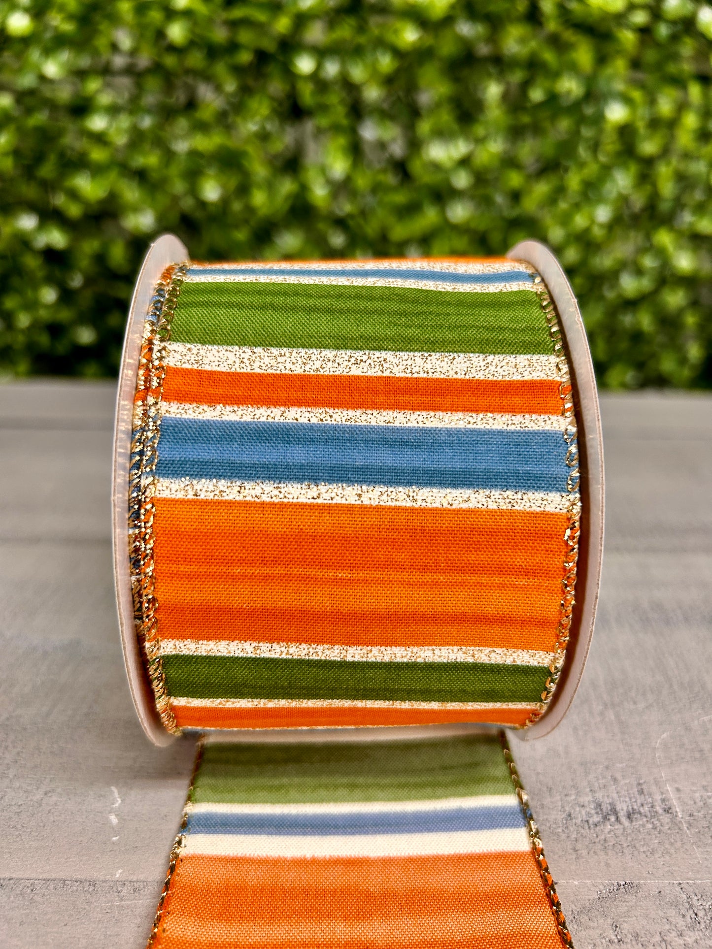 2.5 Inch By 10 Yard Rust Moss Blue Painted Stripes Ribbon