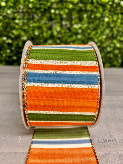 2.5 Inch By 10 Yard Rust Moss Blue Painted Stripes Ribbon