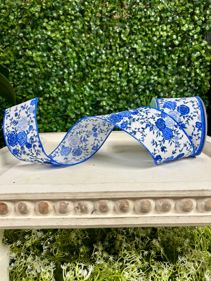 2.5 Inch By 10 Yard Blue Mini Roses Ribbon