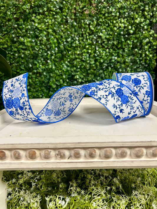2.5 Inch By 10 Yard Blue Mini Roses Ribbon