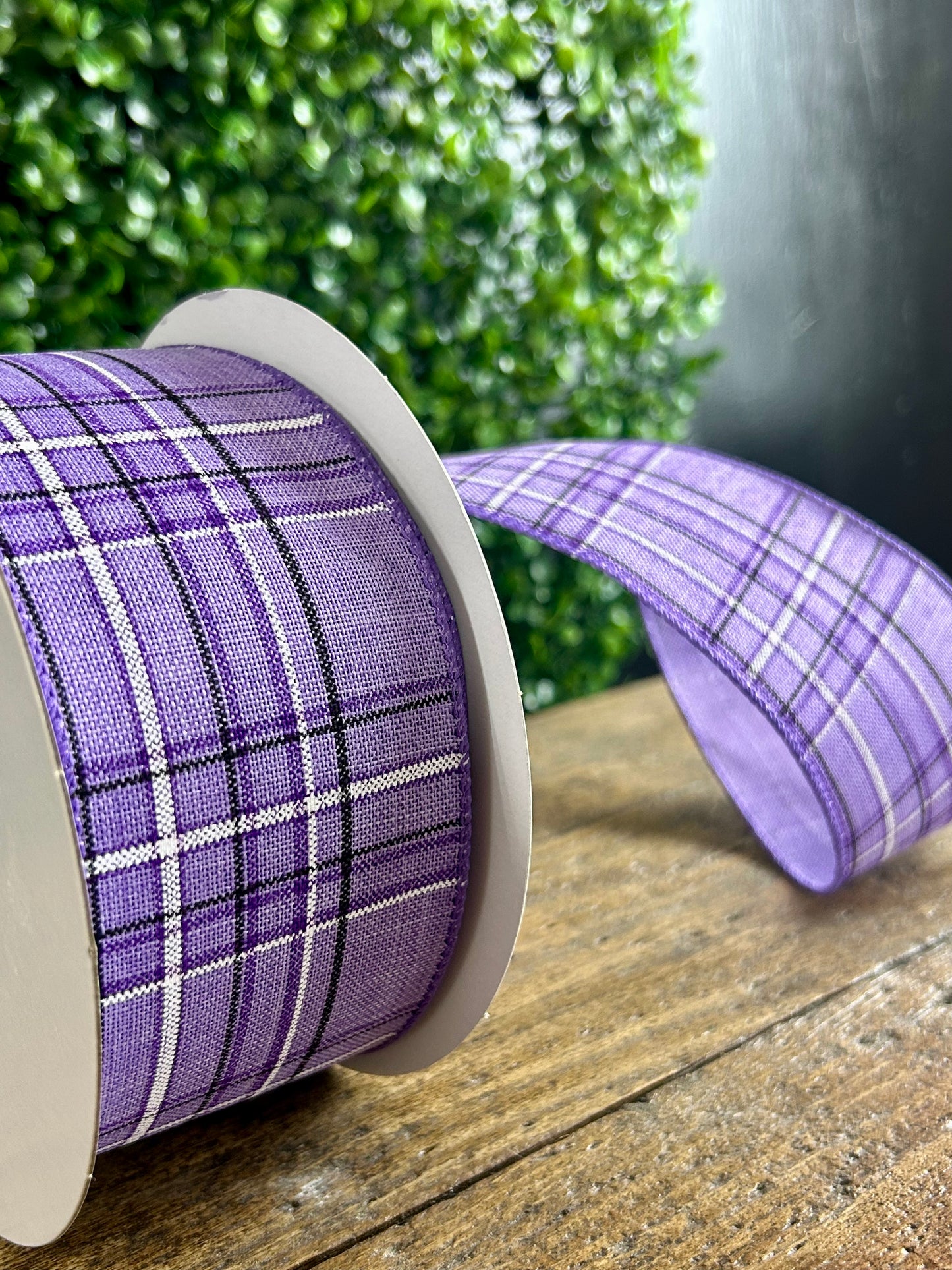 2.5 Inch By 20 Yard Purple Pinstripe Plaid Linen Ribbon