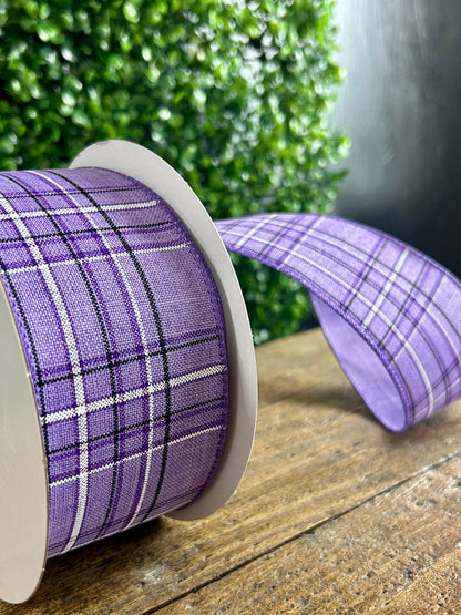 2.5 Inch By 20 Yard Purple Pinstripe Plaid Linen Ribbon