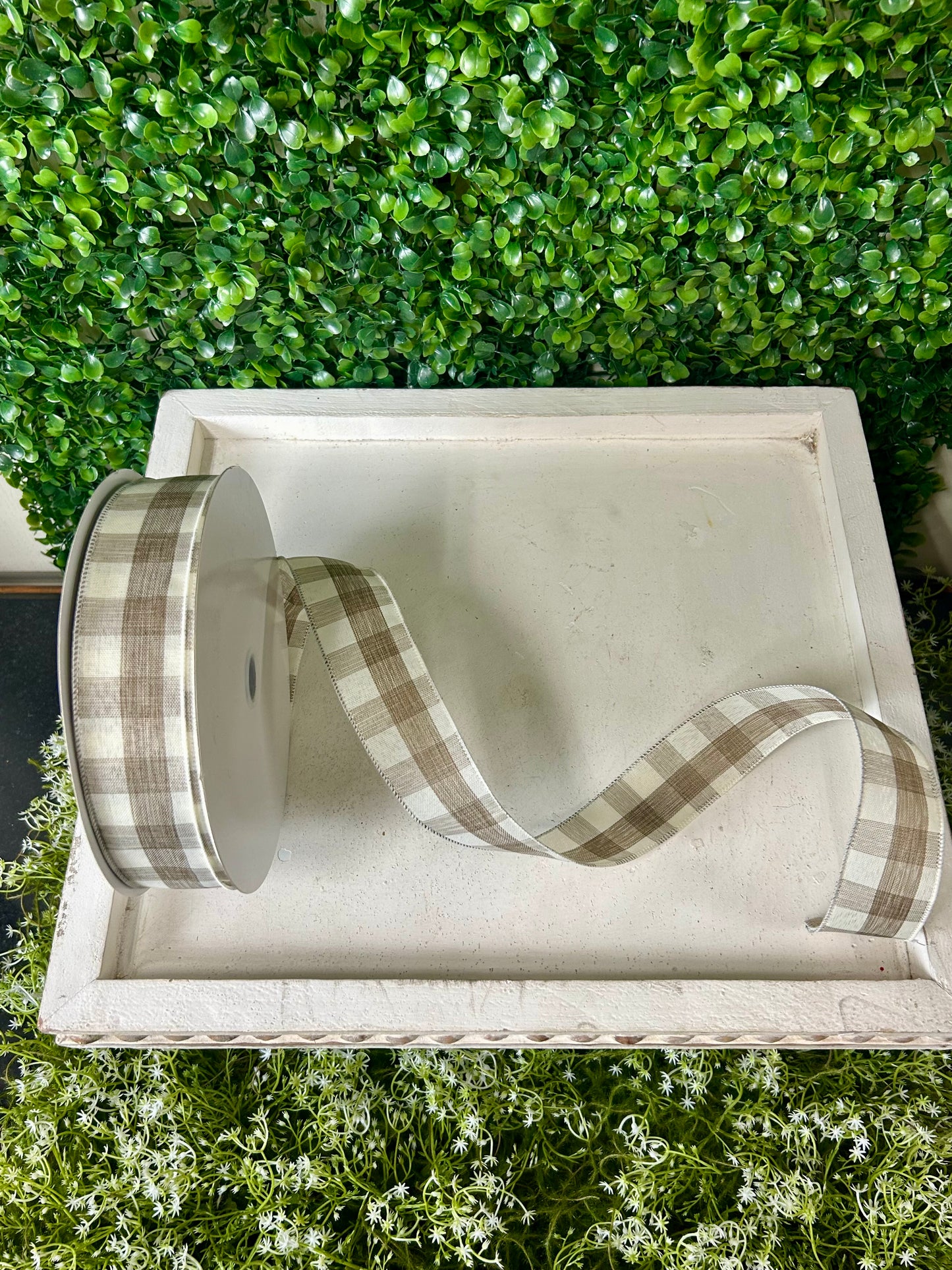 1.5 Inch By 50 Yard Cream And Brown Woven Check Ribbon