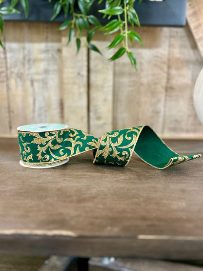 2.5 Inch By 10 Yard Hunter Green And Gold Acanthus Leaf Ribbon