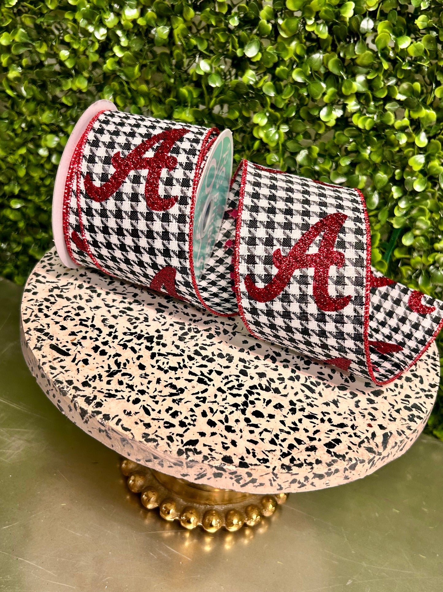 2.5 Inch By 10 Yard Red Glitter A On Houndstooth Ribbon