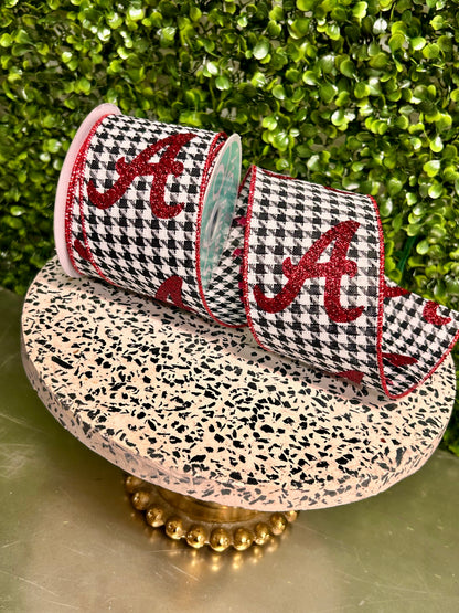 2.5 Inch By 10 Yard Red Glitter A On Houndstooth Ribbon