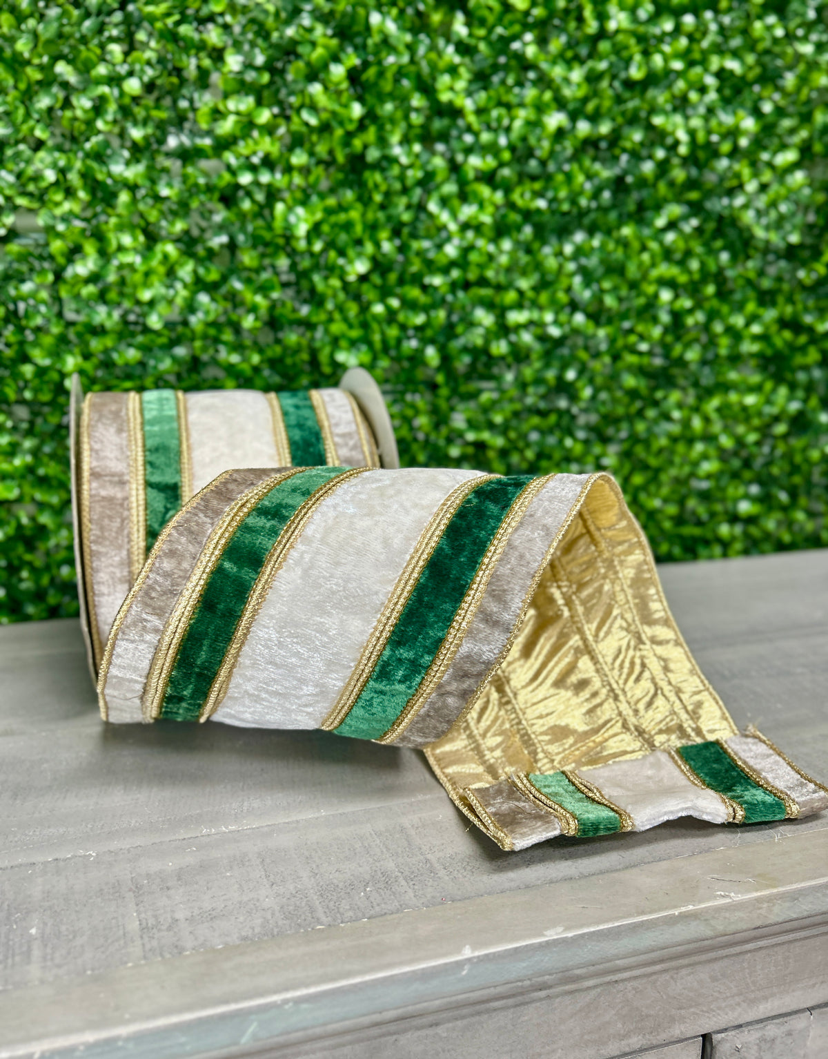 John Mark 6 Inch By 10 Yard Stripe Gray Green White Velvet Metallic Dupioni Ribbon