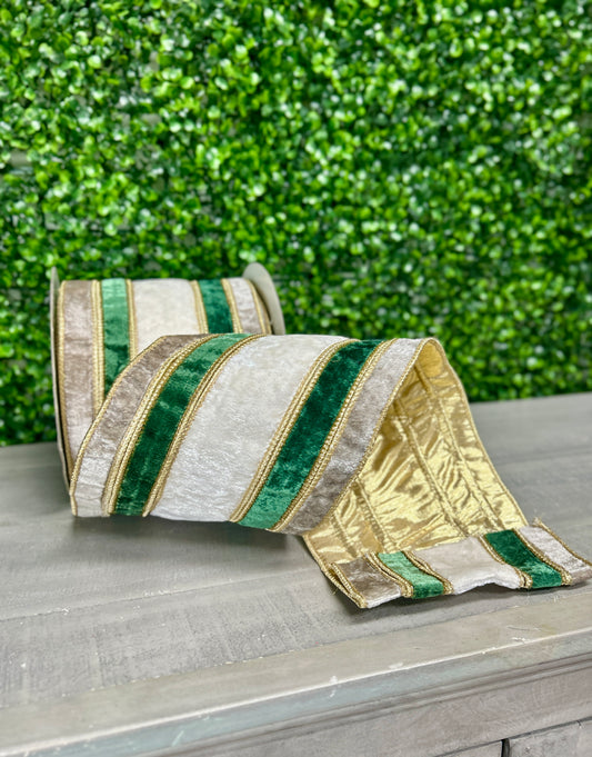 John Mark 6 Inch By 10 Yard Stripe Gray Green White Velvet Metallic Dupioni Ribbon