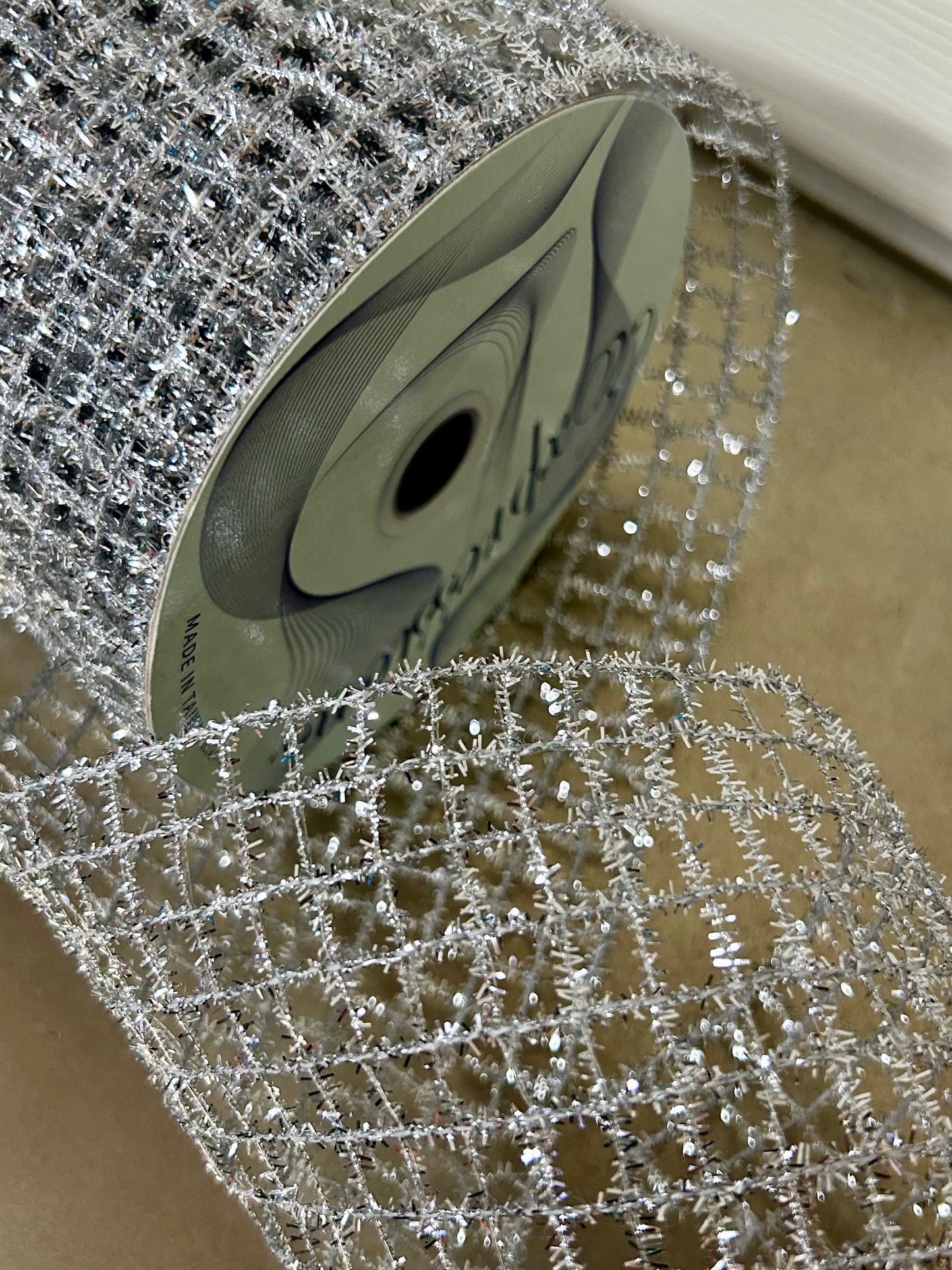 4.25 Inch By 10 Yard Silver Tinsel Mesh Ribbon