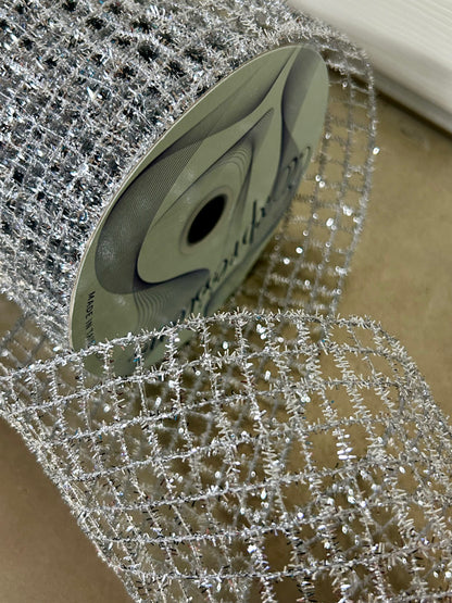 4.25 Inch By 10 Yard Silver Tinsel Mesh Ribbon