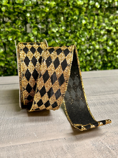 1.5 Inch By 10 Yard Black And Gold Glitter Harlequin Ribbon