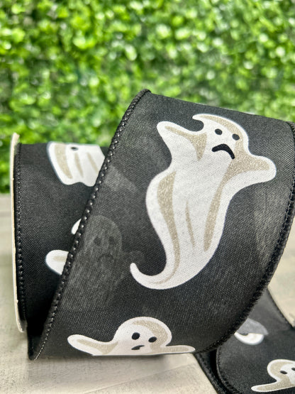 2.5 Inch By 10 Yard Black And White Ghosts Ribbon