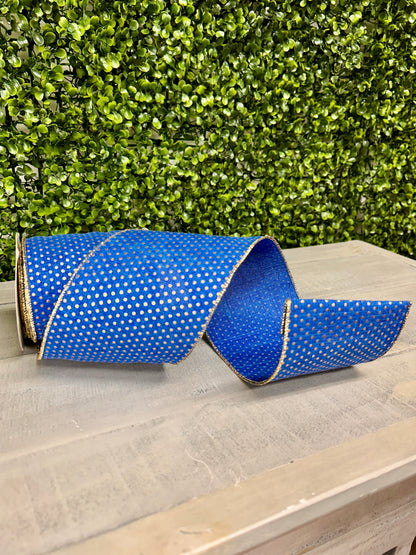 4 Inch By 10 Yard Royal Blue And Gold Swiss Dots Ribbon