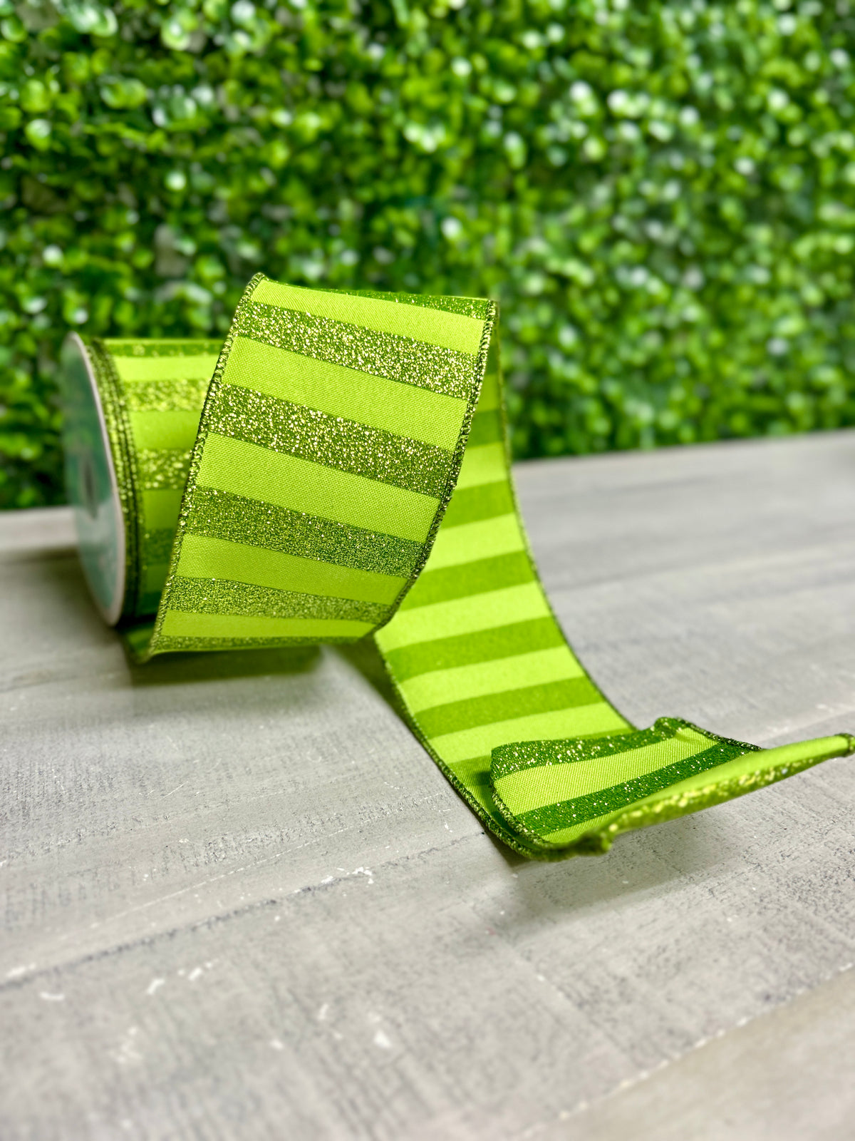 2.5 Inch By 10 Yard Lime Green Glitter Horizontal Stripe Ribbon