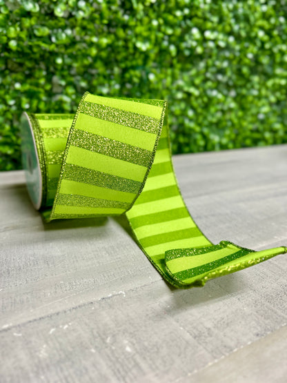 2.5 Inch By 10 Yard Lime Green Glitter Horizontal Stripe Ribbon