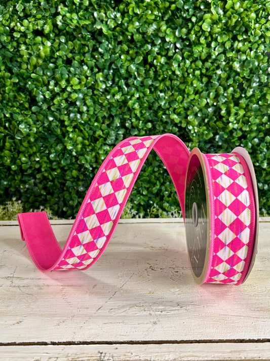 1.5 Inch By 10 Yard Hot Pink And White Antique Diamond Fused Ribbon
