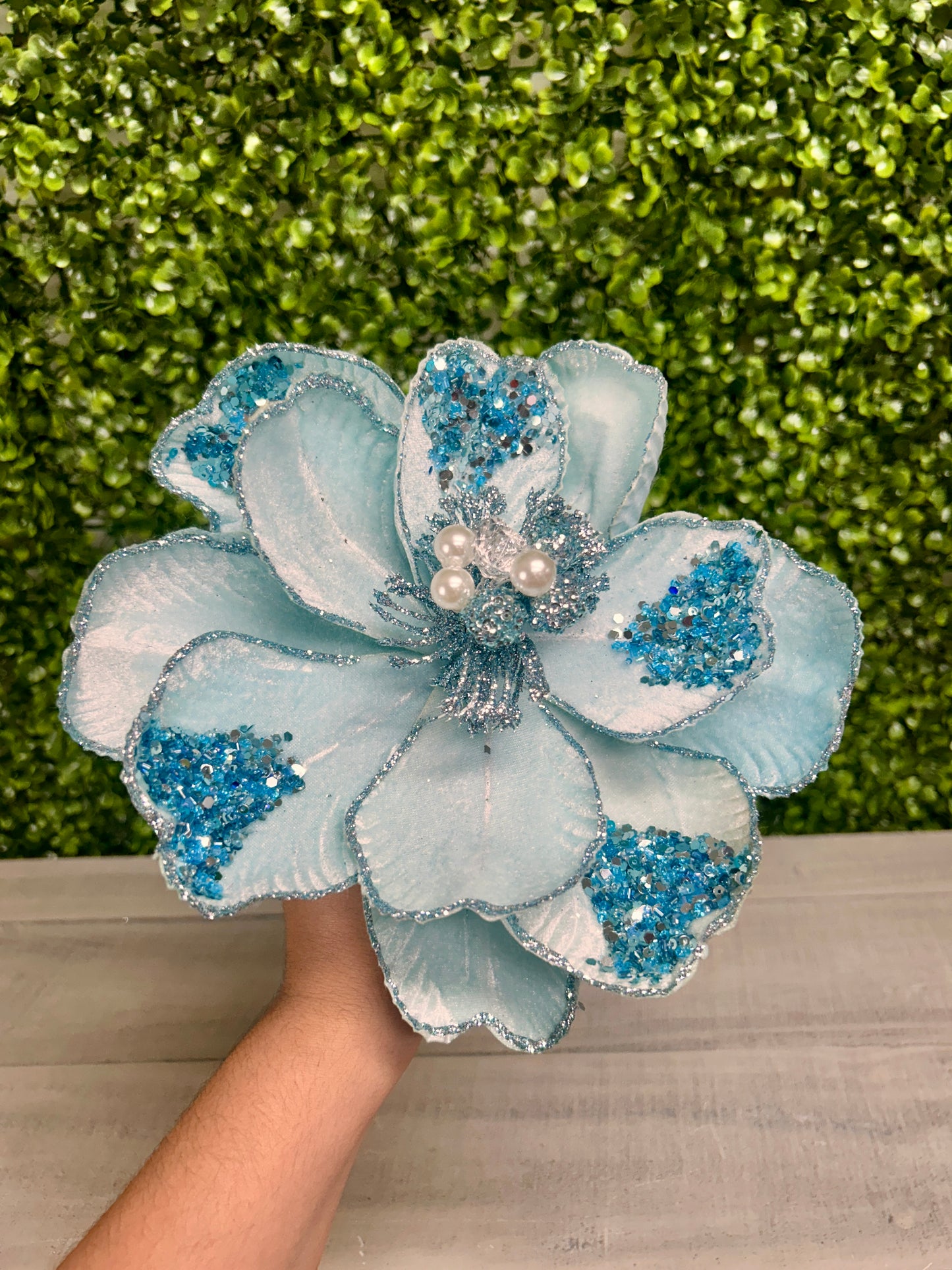 22 Inch Light Blue Glitter Sequin And Bead Magnolia Spray
