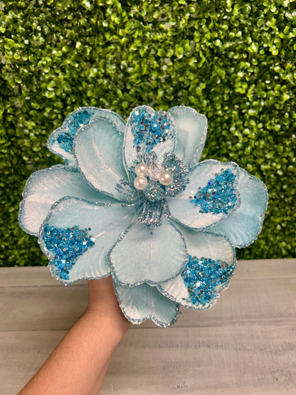 22 Inch Light Blue Glitter Sequin And Bead Magnolia Spray