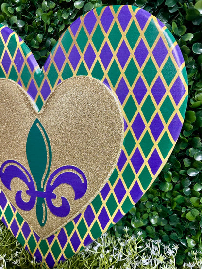 12 Inch Metal Harlequin Mardi Gras Heart Sign