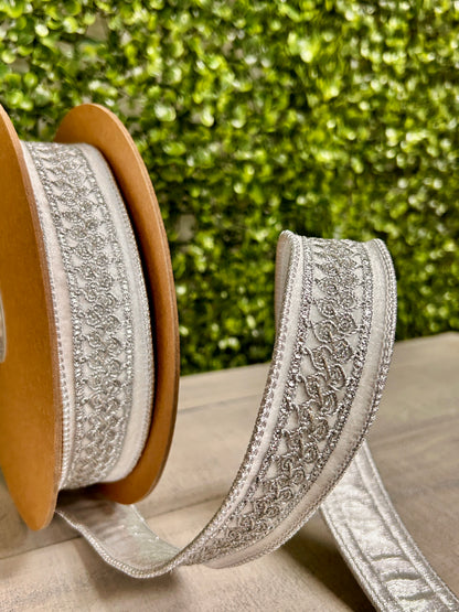 1.5 Inch By 10 Yard White And Silver Velvet Ribbon With Metallic Trim