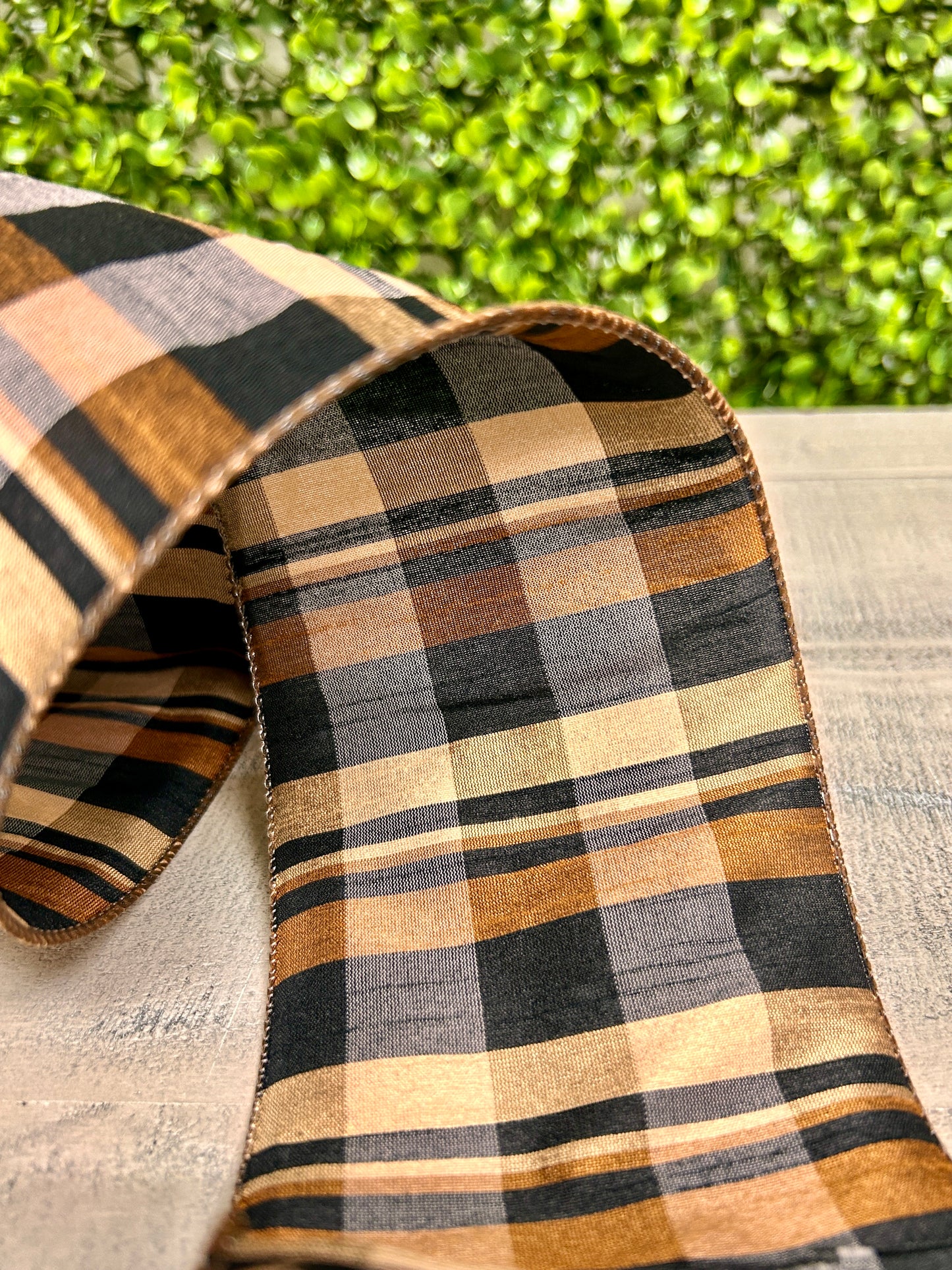4 Inch By 10 Yard Brown Tan Black Dupioni Plaid Ribbon