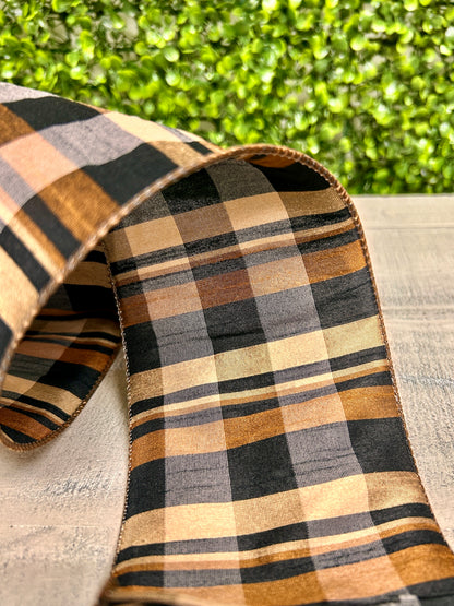 4 Inch By 10 Yard Brown Tan Black Dupioni Plaid Ribbon