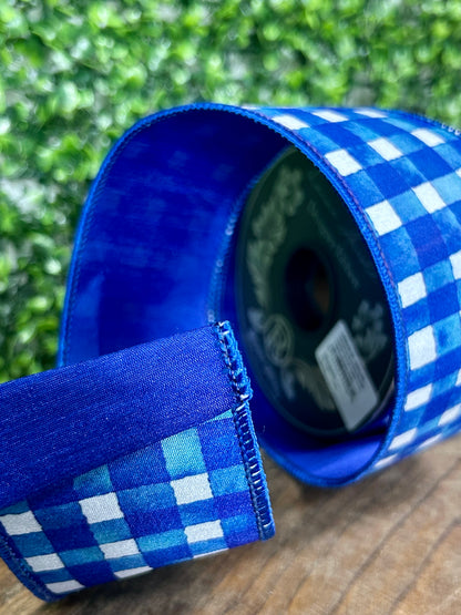 2.5 Inch By 10 Yard Royal Blue Watercolor Check Deluxe Dupioni Backed Wired Edge Ribbon