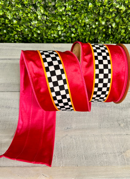 4 Inch By 10 Yard Hot Pink And Orange With Check Middle Ribbon