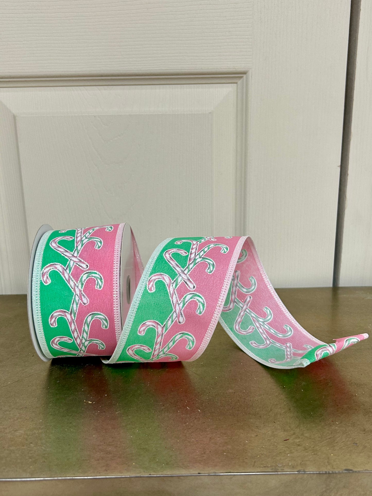 2.5 Inch By 10 Yard Mint Pink White Iridescent Glitter Candy Cane Ribbon