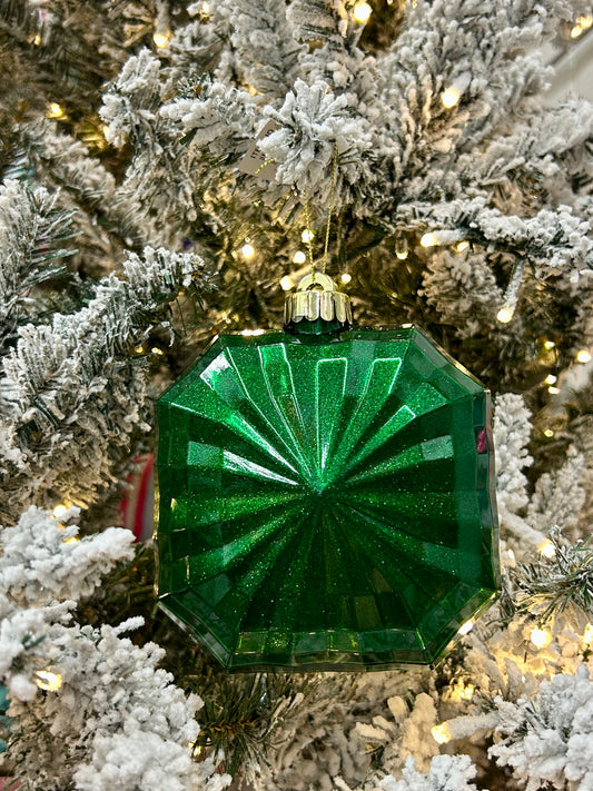 4.75 Inch Emerald Green Glitter Octagon Ornament