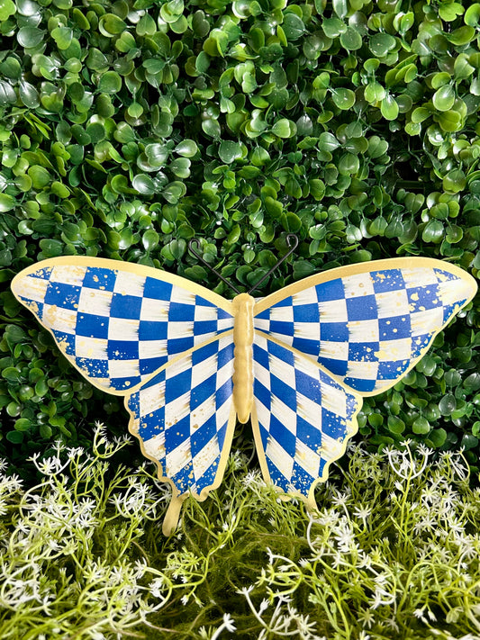 9.75 Inch Blue White And Gold Antique Check Butterfly Sign