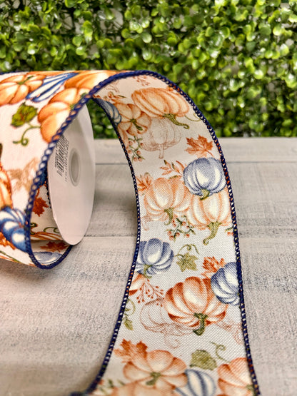 2.5 Inch By 10 Yard Cream Rust Dusty Blue Pumpkin Ribbon