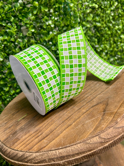 1.5 Inch By 10 Yard Green And White Small Check Ribbon