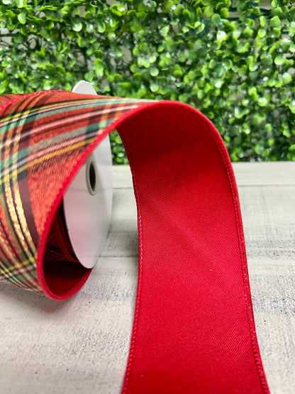 2.5 Inch By 10 Yard Red Green And Yellow Metallic Diagonal Plaid With Fused Back Ribbon