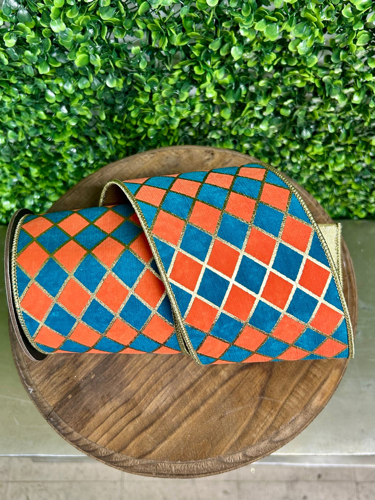 4 Inch By 5 Yard Orange And Turquoise Diamond Elite Metallic Outline Deluxe Wired Edge Ribbon