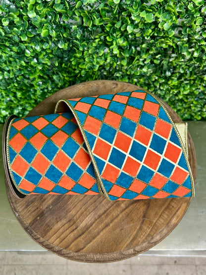 4 Inch By 5 Yard Orange And Turquoise Diamond Elite Metallic Outline Deluxe Wired Edge Ribbon