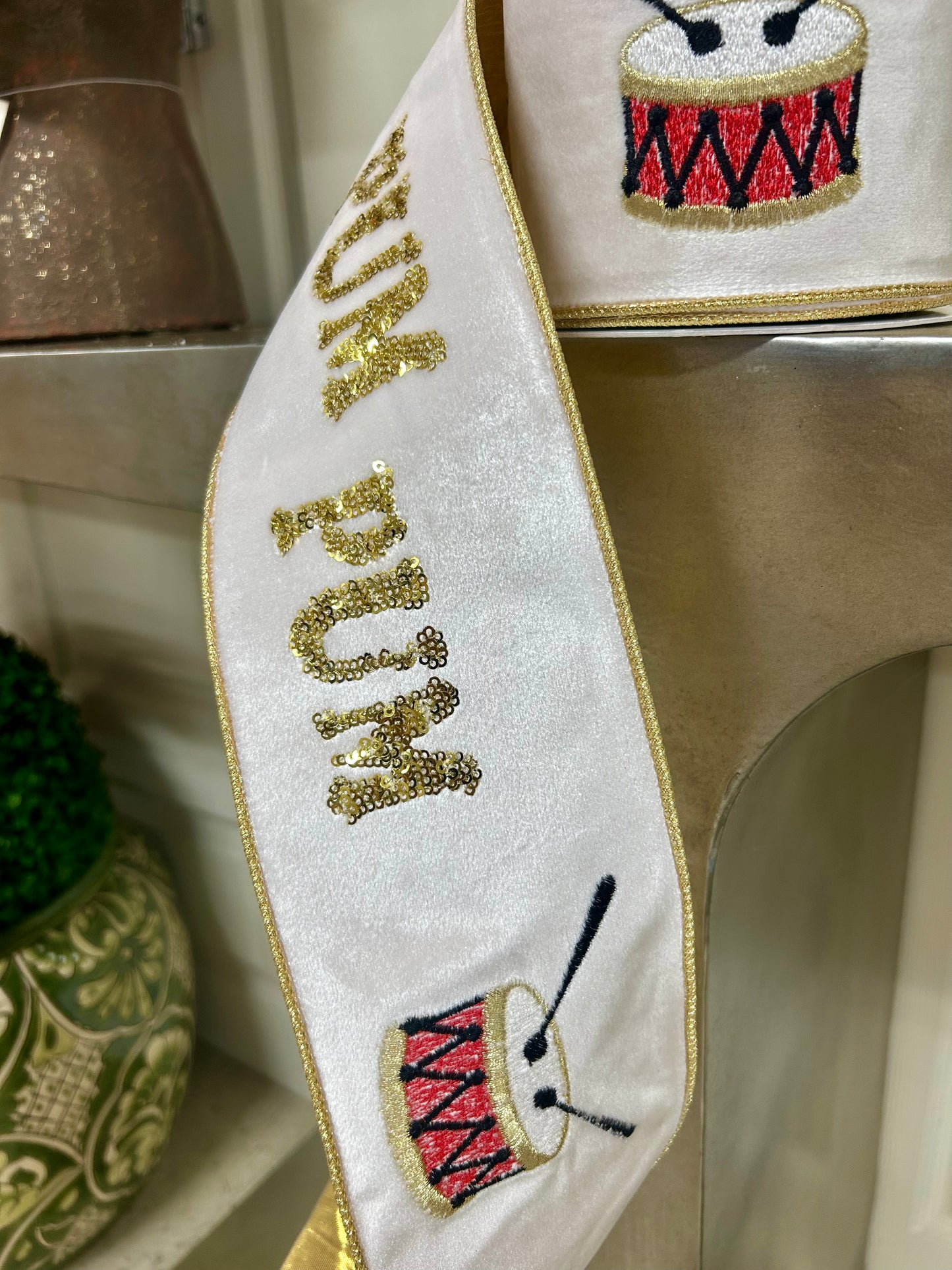 4 Inch By 10 Yard Pa Rum Pum Pum Gold Sequin Embroidery With Drum On Ivory Velvet Ribbon