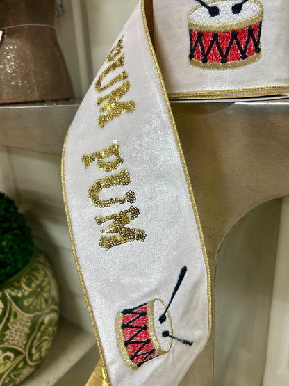 4 Inch By 10 Yard Pa Rum Pum Pum Gold Sequin Embroidery With Drum On Ivory Velvet Ribbon