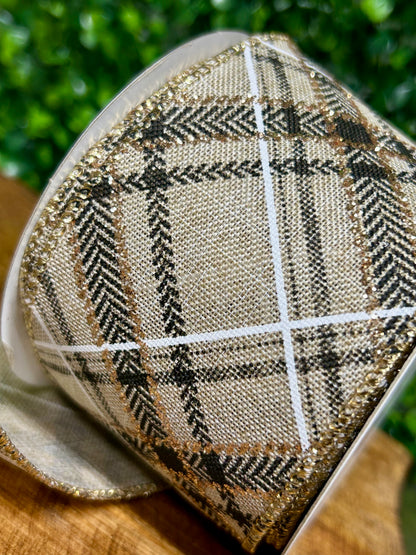 2.5 Inch By 10 Yard Natural Black And Gold Plaid Ribbon