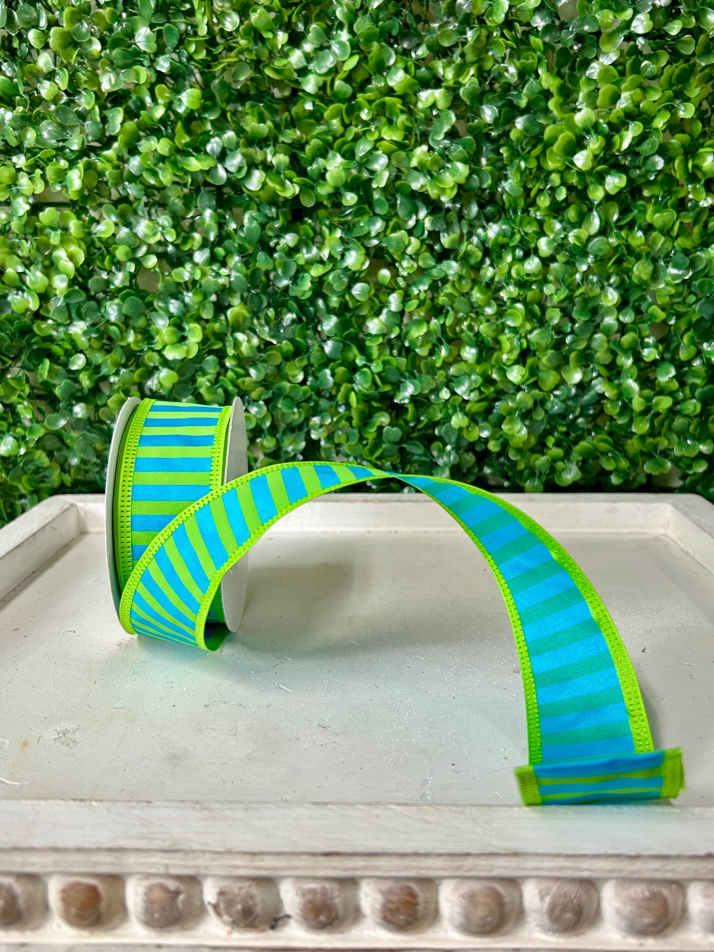 1.5 Inch By 10 Yard Lime Green And Turquoise Stripe Ribbon