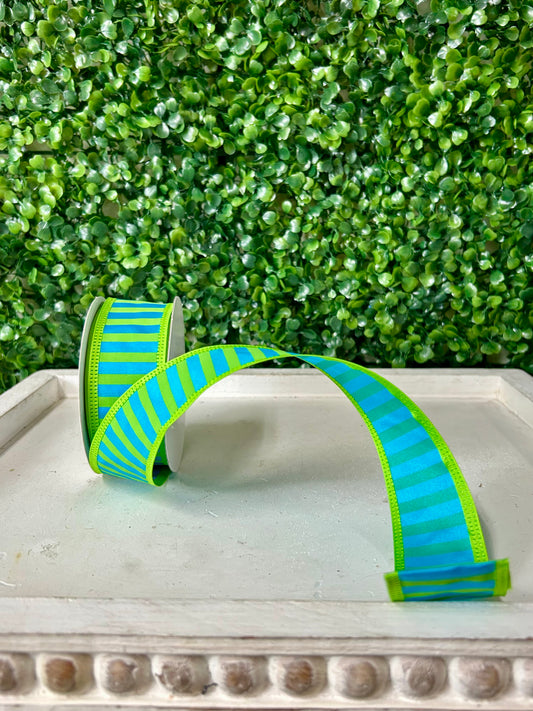 1.5 Inch By 10 Yard Lime Green And Turquoise Stripe Ribbon
