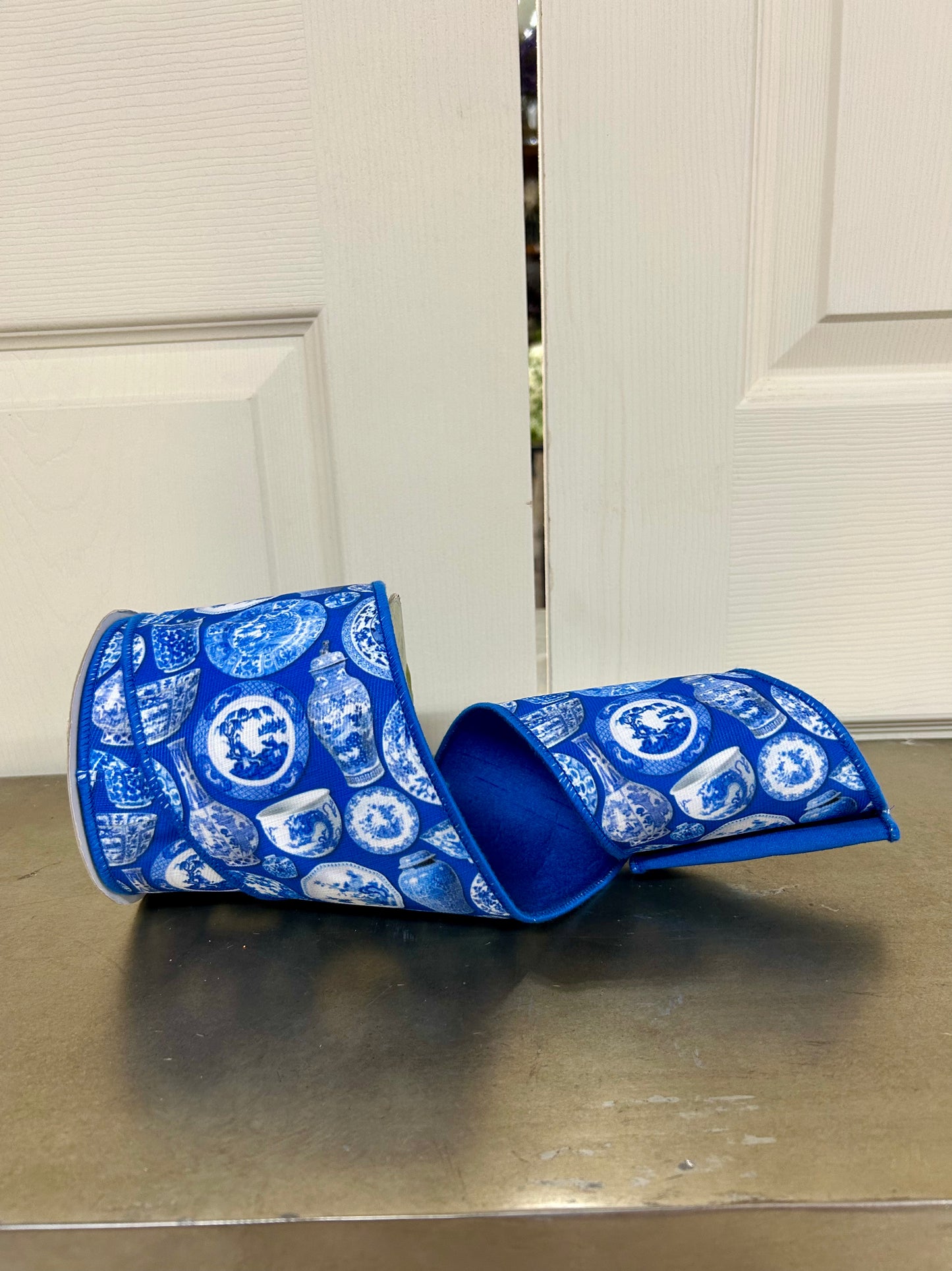 4 Inch By 10 Yard Chinoiserie Print Canvas And Dupioni Ribbon